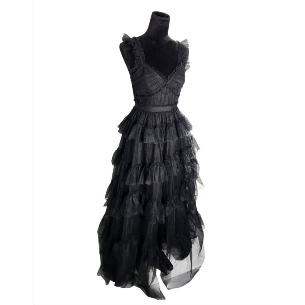 BCBGMAXAZRIA Black Tulle Tiered Maxi Dress Ruffle V Neck Formal Size 2 - Picture 2 of 10